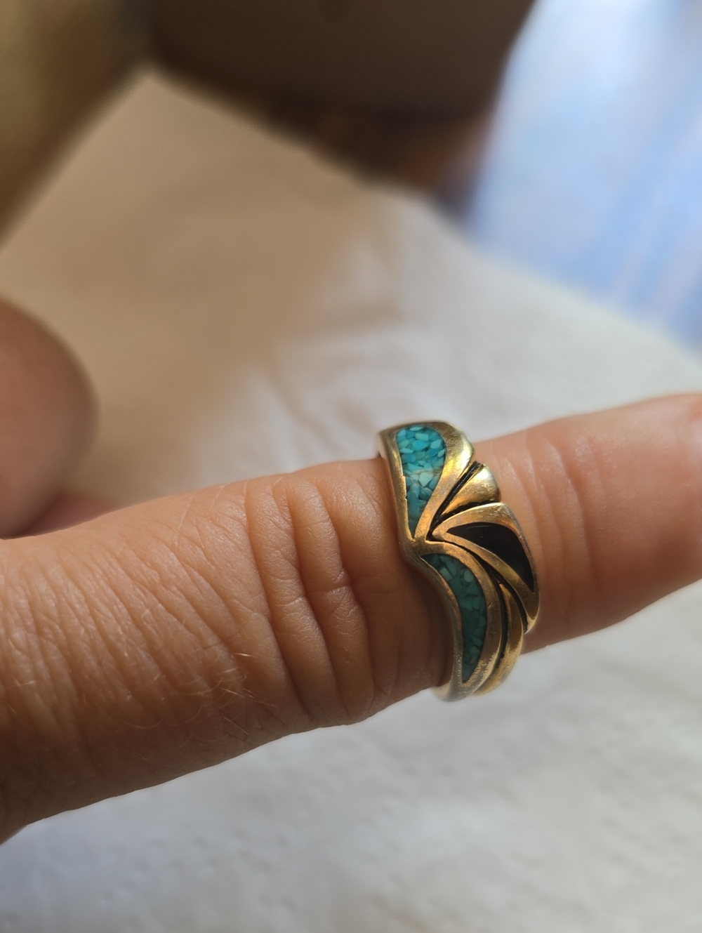 Vintage COP Turquoise Inlay Swirl Band Ring  - Gold Tone, Mens
